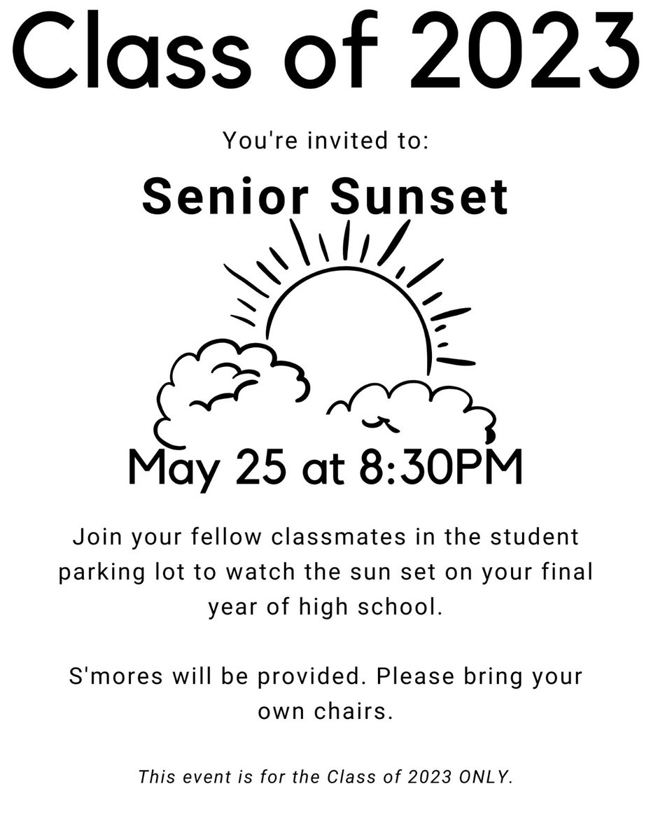 Class of 2023 
Come join your classmates for Senior Sunset next Thursday 🌅 

<a href="/PHPatriotsHS/">Patrick Henry High School</a> <a href="/PHHS_SC/">Student Council</a>