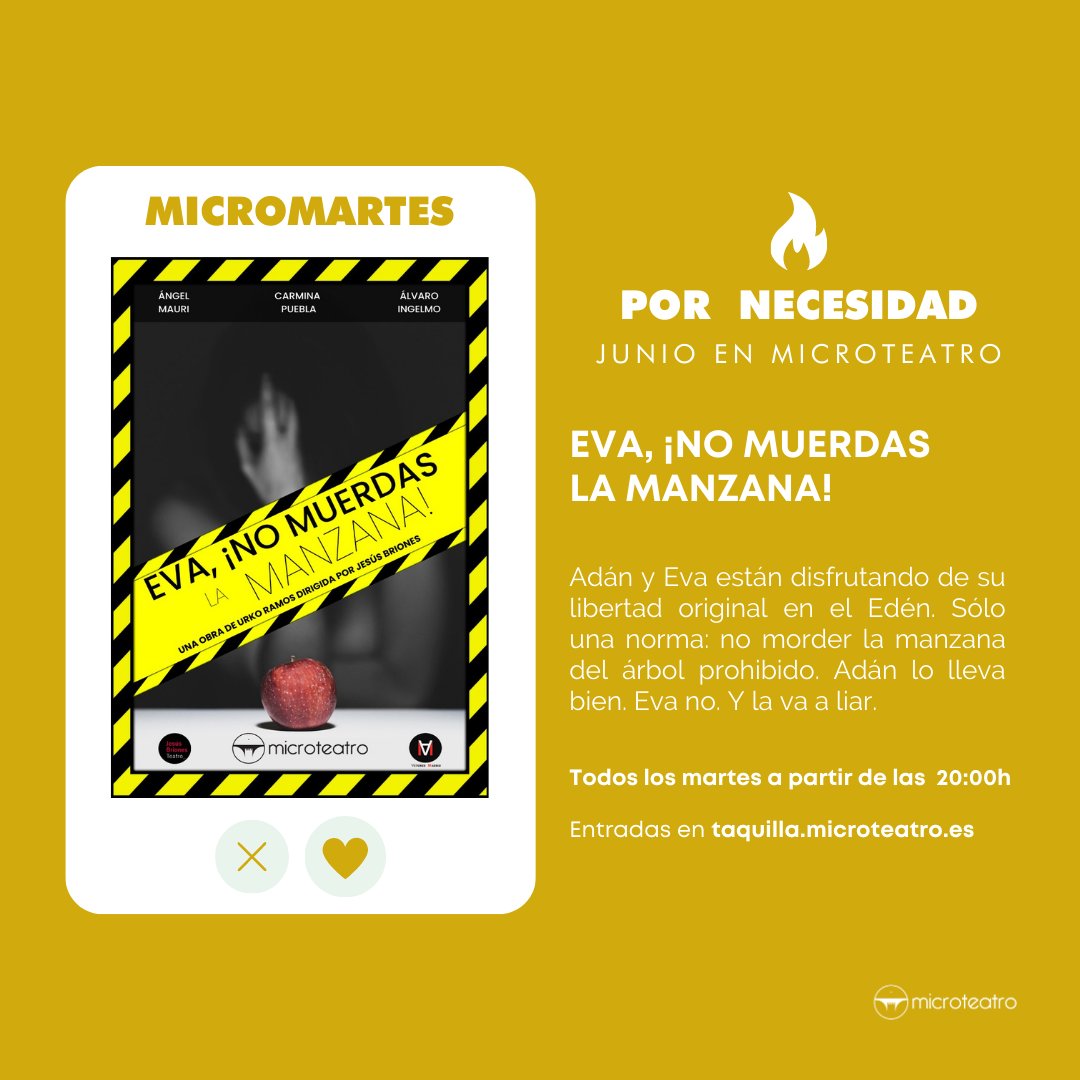 microteatro's tweet photo. EVA, ¡NO MUERDAS LA MANZANA!
⏰ Hoy a partir de las 20:00h en #Microfusion
🎭 Compra tus entradas por adelantado en https://t.co/IUDngaT0T2 🎭 https://t.co/8WCInsRmlM