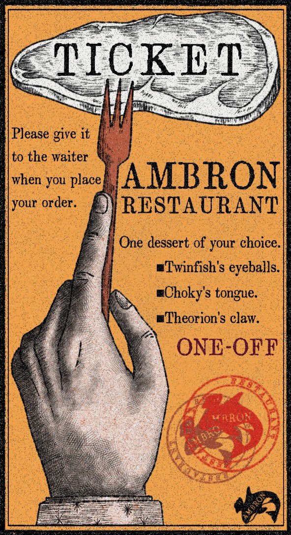 『AMBRON RESTAURANT』の引換券✋🏾  シャチのオーナーが料理を振る舞ってくれる🦈👨🏼‍🍳 オススメはツインフィッシュの目ん玉👁️‍🗨️  #イラスト #オリジナル #絵 #drawing #digitalart #異世界 #創作 #original #art #一次創作 #お絵描き #illustration #デザフェス #絵描きさんと繋がりたい