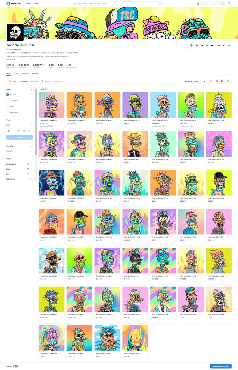 Gm ☀️

Get your <a href="/ToxicSkullsClub/">Toxic Skulls Club</a>  while you can, only 46 listed of 9999 👀

Physical skate collab with <a href="/bobburnquist/">@bobburnquist</a> June 1st, web 3 game soon and lot more perks 🤘💀

Take a look, enjoy and join 😜

Printscreen with all TSC listed atm... 

Let's Go!

#StayToxic #NFA #DYOR