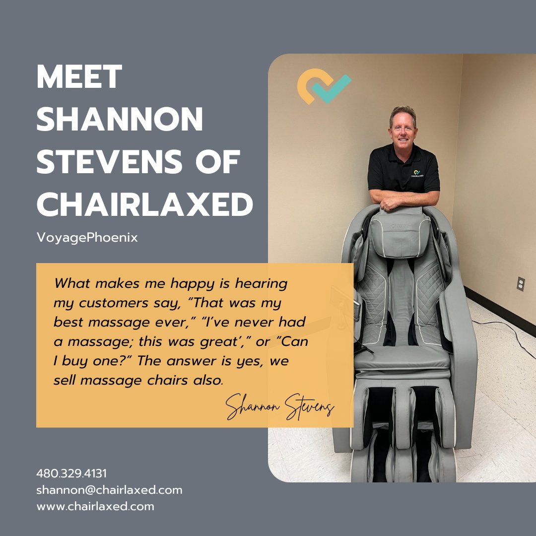 Our Founder & CEO of Chairlaxed, Shannon Stevens, was featured in VoyagePhoenix!

Read more at voyagephoenix.com/interview/meet… and connect with us today!

#ceostory #founderstory #arizonaceo #arizonafounder #arizonabusiness #chandlerbusiness #chairlaxed #luxurymassage #massagechairs