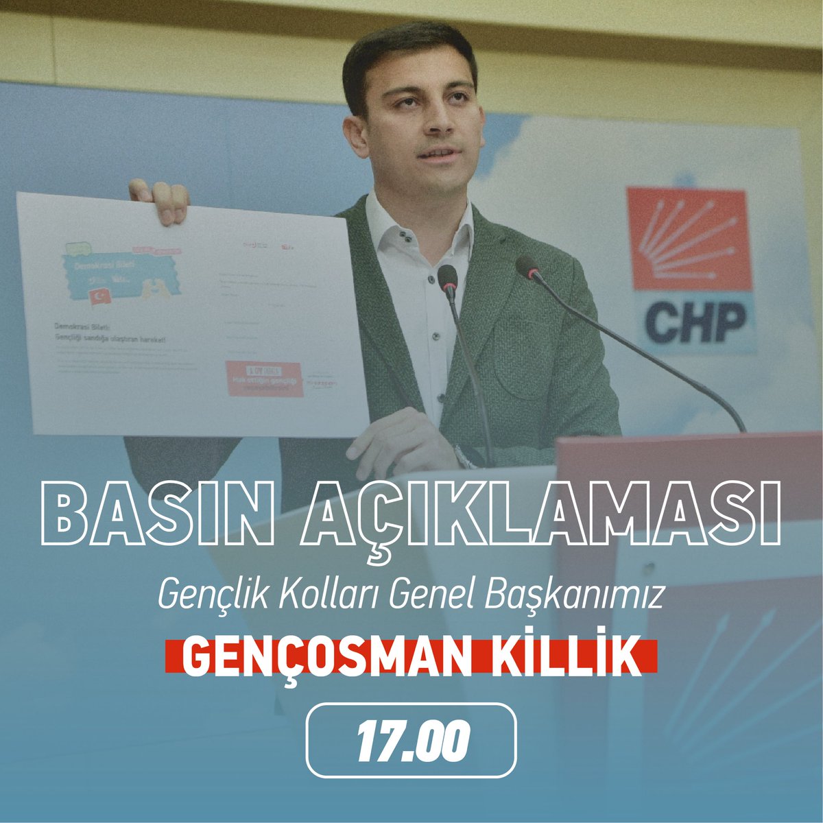 chpgenclik_gm's tweet photo. Genel Başkanımız Gençosman Killik, Demokrasi Bileti'ne ilişkin bugün saat 17.00'de basın açıklaması gerçekleştirecektir.

Tüm sosyal medya hesaplarımızdan takip edebilirsiniz. https://t.co/mq3ZhzEIXM