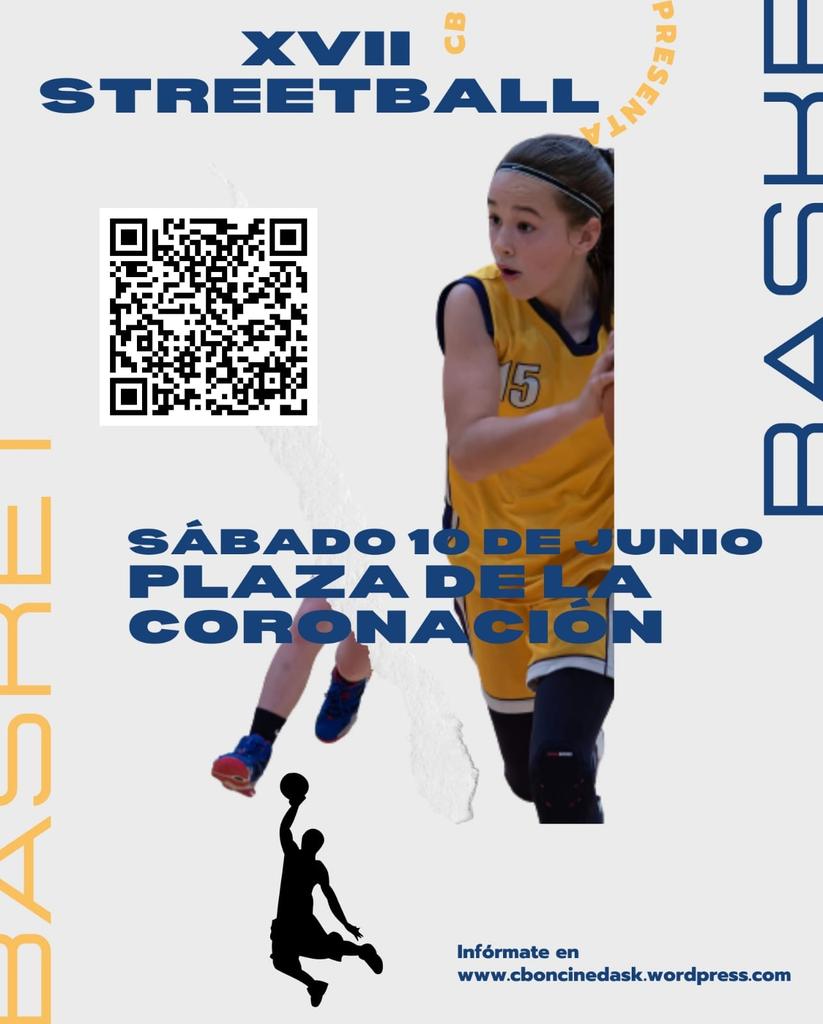 Streetball 2023. 
🗓️ 10 Junio
📍Plaza de la Coronación
🕓Desde 09:00 hasta que nos echen!
Visita cboncinedask.wordpress.com o escanea el QR y descarga toda la info!
#oncineda
#basket🏀 
#streetball