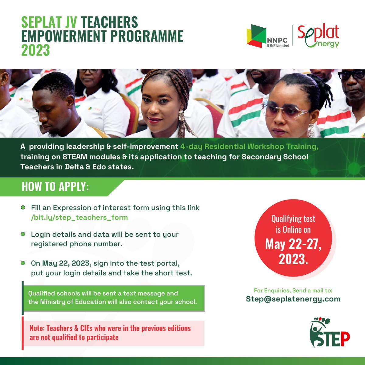 SeplatEnergy's tweet image. The Seplat JV Teachers Empowerment Programme 2023 has commenced. Click seplatenergy.com/news-insights/… to register.

The Qualifying test will be online on May 22, 2023.

For enquiries please send a mail to Step@seplatenergy.com

#SeplatEnergy #TransformingLives #STEP2023 #SD4 #Education