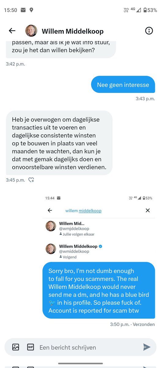 Opgelet voor scammers mensen. De echte <a href="/wmiddelkoop/">Willem Middelkoop</a> heeft een blauwe vogel 🐦 in zijn profiel, en zou nooit random dm's sturen. #reportedthisoneforscam