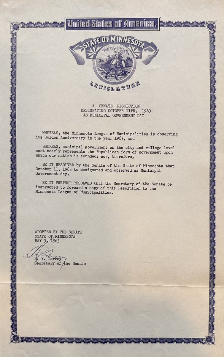 60 years ago on May 3, this Senate Resolution was approved celebrating the League’s 50th anniversary. I was not involved in its passage—I was three and living in Washington, D.C. #mncities