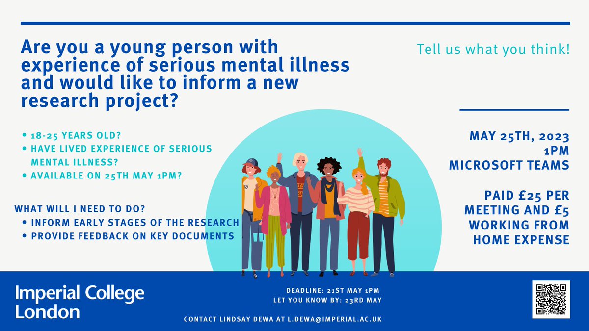🗣️Have experience of serious mental illness? Work together with researchers, clinicians &amp; others to inform a new research project!

Apply by 21st May 11pm: imperial.eu.qualtrics.com/jfe/form/SV_9Z…

<a href="/imperialcollege/">Imperial College London</a> <a href="/ImpPsych/">Imperial Psychiatry</a> <a href="/Imperial_MHRN/">Imperial Mental Health Research Network</a> 
#MentalHealthAwarenessWeek