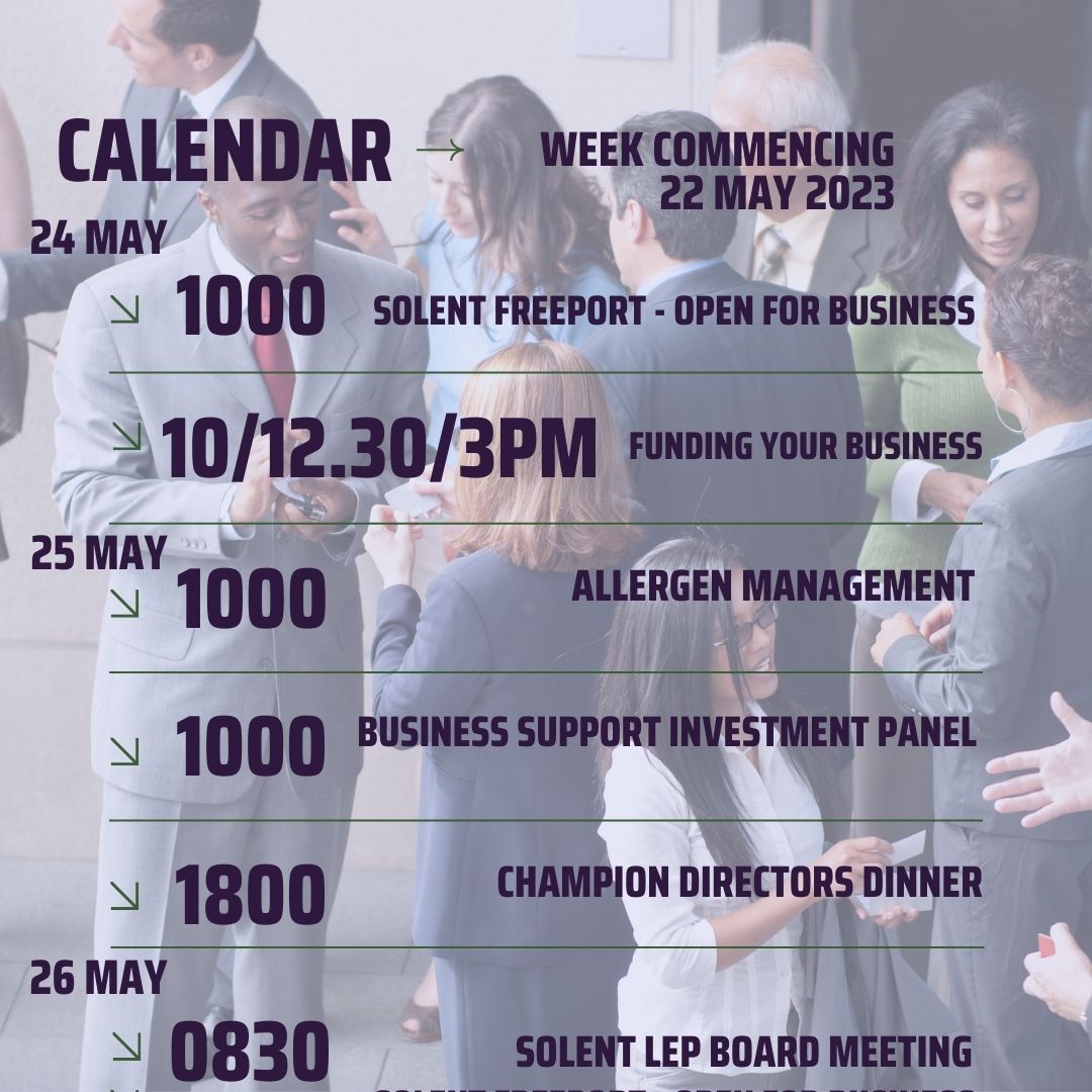 We have another busy week ahead at the Solent LEP! Are you attending any of our events? If so we can wait to meet you.
What's on? See below!
Any queries or problems with booking on to events...please contact us, we'll be happy to help.

#SolentEvents #SolentRegion