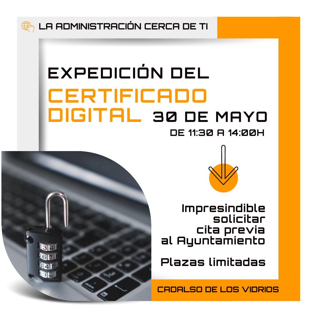 La próxima visita a #CadalsoDeLosVidrios del programa 'La Administración cerca de ti' será el próximo día 30.

🕐 En horario de 11:30 a 14:00h, expedirá el Certificado digital a los interesados.

▶️ Imprescindible solicitar cita previa al Ayuntamiento.