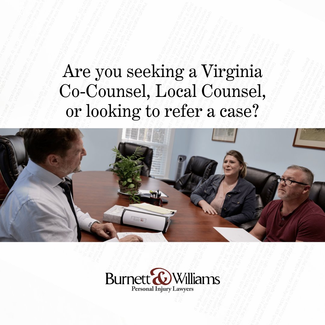 We have a strong history of working with out-of-state firms and local Virginia law firms to lend an experienced hand on difficult cases.

Visit bit.ly/3m7VBz5 to contact us!
#BurnettWilliams #PersonalInjuryLawyers #VirginiaLawFirms #CoCounsel #InjuryAttorneysNearMe