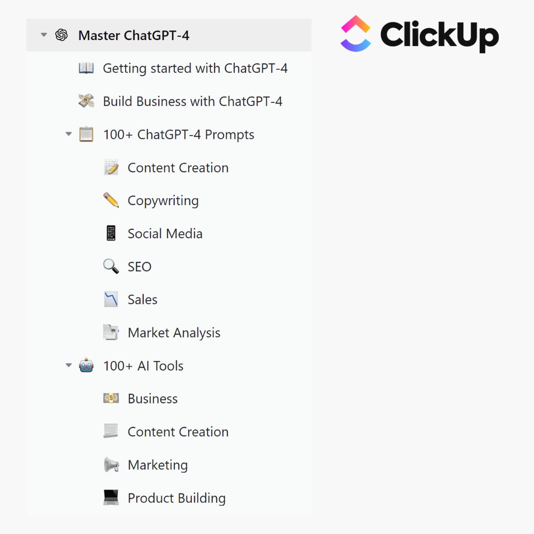 SarahhBurner's tweet photo. I've prepared a ClickUp resource of ChatGPT-4 Guide

And for 24 hours, it's FREE

1. Follow me (so I can DM you)
2. RT this tweet
3. Reply "GPT"

And I'll send it to you for FREE https://t.co/JxD4JbfH9f