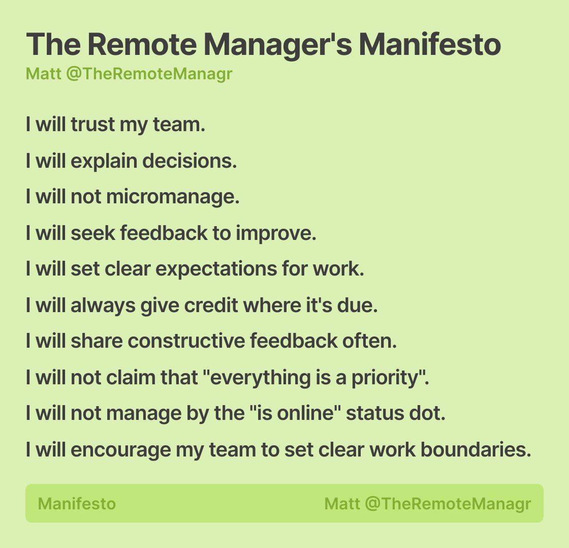 The Remote Manager's Manifesto

What else should be on there?

#RemoteWork #Ship30for30