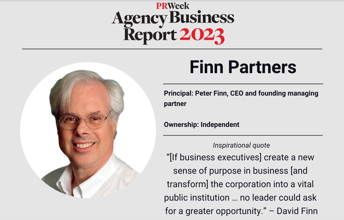 PRWeekUS's tweet photo. Agency Business Report 2023: @FINNPartners 

More acquisitions and expanding remits with its existing clients had this independent firm near $200 million in global revenue. https://t.co/xWU4EFChTL #PRWeekUS #PR #comms #agencies #ABR #agencybusinessreport https://t.co/ut5EkQalxV