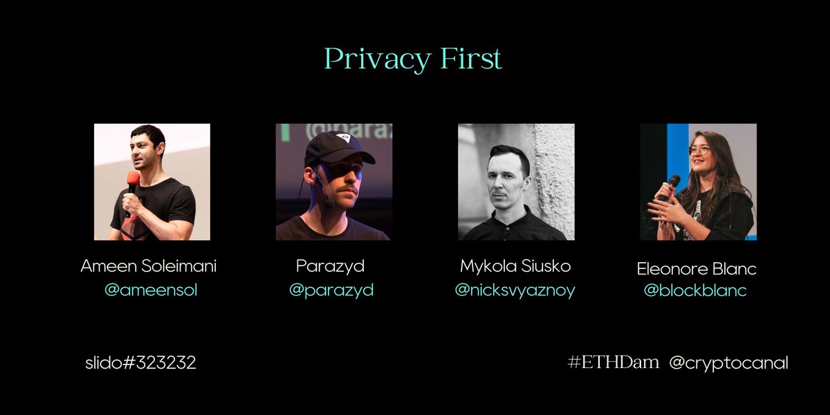 CryptoCanal's tweet photo. Kickstarting #ETHDam by jumping straight into the deep end with this 30 min panel discussion on privacy, with @ameensol founder of @SpankChain, @parazyd  founder of @DarkFiSquad and @nicksvyaznoy a privacy researcher at @nymproject and Web3privacy now 🚀 Moderated by @blockblanc https://t.co/Wc0X0z47hC