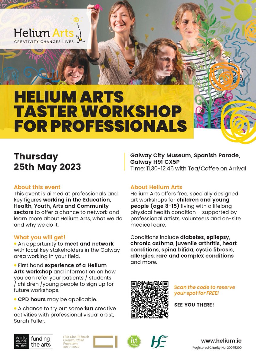 HealthyGalway's tweet photo. @HeliumArts Taster Workshop for Professionals in Galway City

Helium Arts supports children living with lifelong physical health conditions through creativity and the arts

Dates: 25/05/2023 11:00 - 12:45 
Venue: Galway City Museum 

How to register
Visit: https://t.co/x73FU8xgEt https://t.co/OEmVHSrBgJ