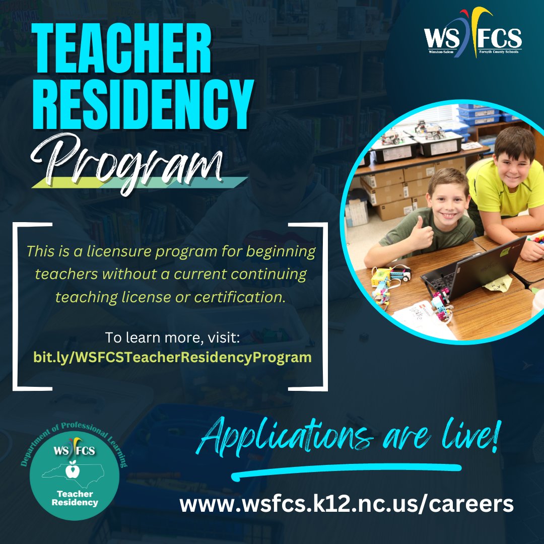 Are you ready to make a difference for WS/FCS students but don't yet have a teaching license? The WS/FCS Teaching Residency is an accelerated, affordable path to becoming a full-time teacher. Applications for this program are now LIVE!! Visit our Career Board to apply!