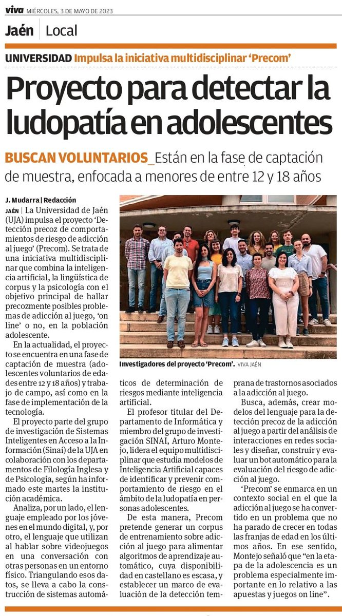 ProyectoPRECOM's tweet photo. 📰El diario @VivaJaen se hace eco del trabajo que estamos realizando en el proyecto #PRECOM 🧠🎮
👧👦Continuamos con la captación de muestra de #adolescentes de edades entre 12 y 18 años.
Para más ℹ️ contacta con nosotros a través del e-mail 📧👇 precomers@gmail.com https://t.co/Dq89xb56if