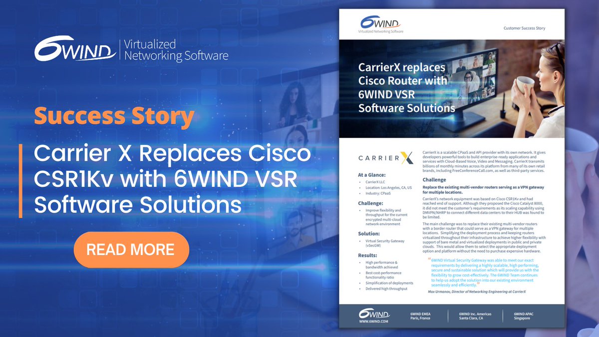 6WINDsoftware's tweet photo. 🚀 Bid farewell to Cisco CSR1000v! @CarrierX_LLC replaces Cisco CSR1000v with 6WIND VSR Software Solutions. Read more on how 6WIND Virtual Security Gateway (vSecGW) router met our customer’s flexibility and throughput requirements.
https://t.co/qHWpp558AN 
#CiscoCSR #VSR #6WIND https://t.co/JYMm7Q2mbQ