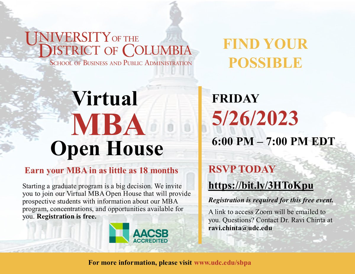 Have you been thinking of getting your MBA? Pursue your MBA in as little as 18 months: find out how at our upcoming Virtual MBA Open House, Friday, 5/26/23 at 6:00pm EDT!
Register Today: bit.ly/3HToKpu

#share #udcsbpa #udc1851 #udcfirebirds #HBCU #MBA #AACSB