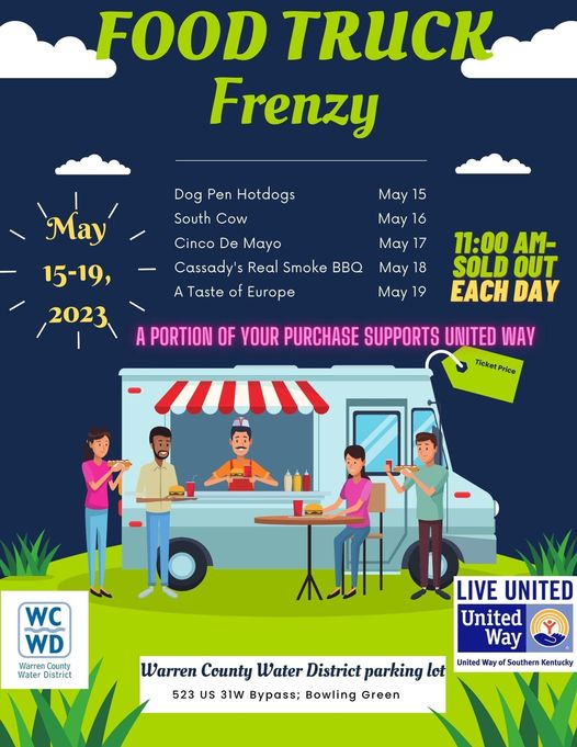 Two more days of our FOOD TRUCK FRENZY. 

Today we will have Cassidy’s Real Smoke BBQ and then tomorrow we will have a Taste of Europe.  Join us as we support United Way of Southern Kentucky.
#LiveUnited #waterprofessionals #bighearts