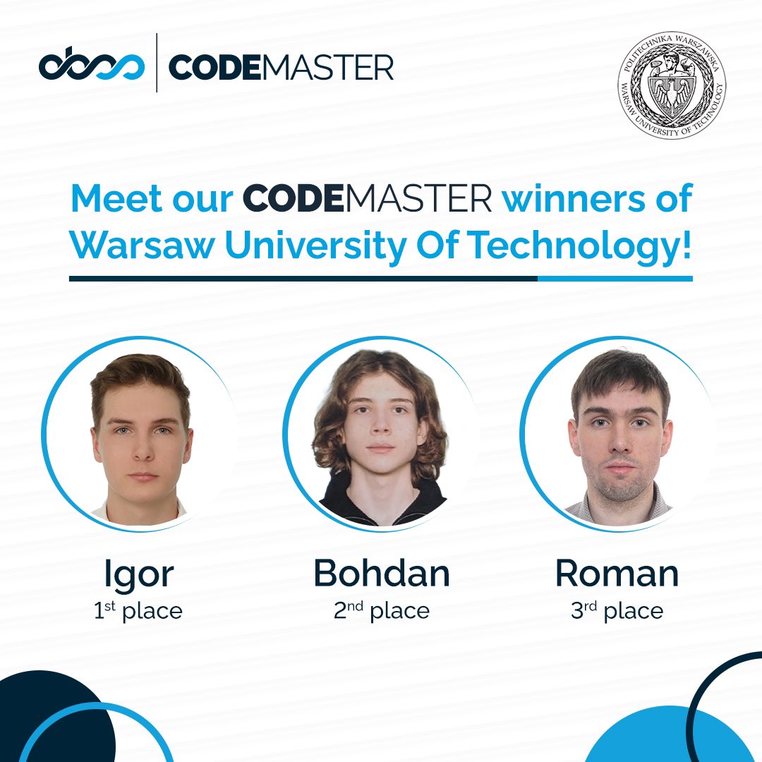 obsstech's tweet photo. #CodeMaster at Warsaw University of Technology was a success! 🚀

🏆 Congratulations to the top three: Igor, Bohdan, and Roman!

A big thank you to all the students who participated in #CodeMasterWarsawTech. Your enthusiasm and talent were truly remarkable.

#OBSS #CodeMasterPL https://t.co/SbJNJ7QHSC