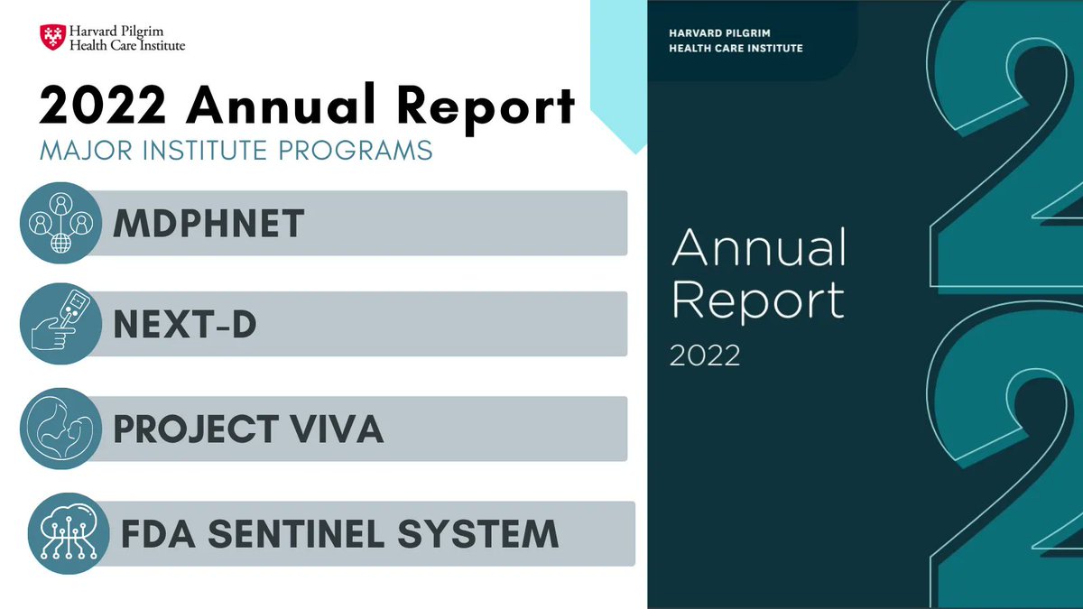Department of Population Medicine (@deptpopmed) on Twitter photo Underlying our ever-growing, dynamic research portfolio are 4️⃣ longstanding projects that are pillars of <a href="/DeptPopMed/">Department of Population Medicine</a>:
MDPHNet, NEXT-D, <a href="/ProjectViva_DPM/">Project Viva</a>, and the FDA Sentinel System.
The latest on these projects, in our 2022 Annual Report: buff.ly/42J3Nqa Underlying our ever-growing, dynamic research portfolio are 4️⃣ longstanding projects that are pillars of <a href="/DeptPopMed/">Department of Population Medicine</a>:
MDPHNet, NEXT-D, <a href="/ProjectViva_DPM/">Project Viva</a>, and the FDA Sentinel System.
The latest on these projects, in our 2022 Annual Report: buff.ly/42J3Nqa