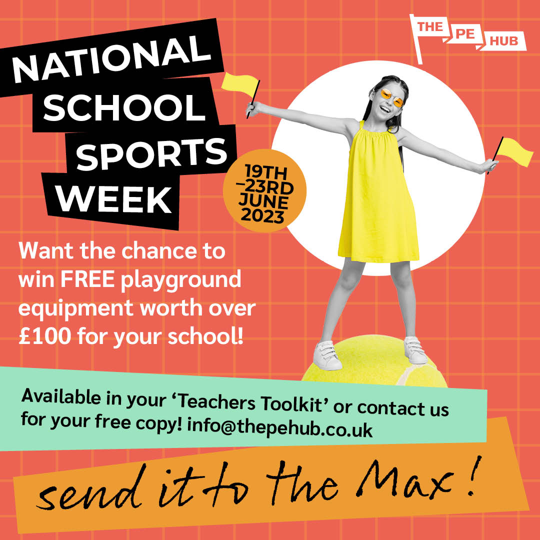 ThePEhub's tweet photo. Download your pack in your 'Teachers Toolkit' or email us for your free copy to find out how you can #sendittothemax during NSSW and be in with the chance to win some playground equipment. 
#NationalSchoolSportsWeek #nssw23 #primaryschoolsport #PrimaryPE #primaryschoolpe https://t.co/MFmoHwvIW4