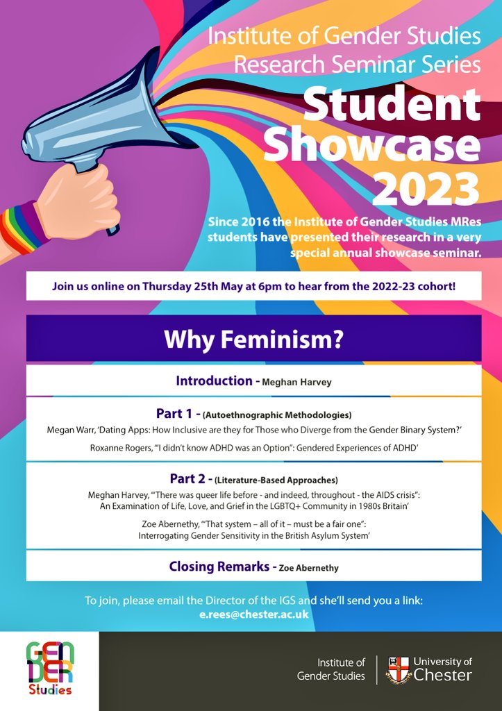 And, just like that, we head into the final seminar of our 2022-23 series!

Thurs. 25th May, 6:00pm-7:30pm (BST), online.

We're so proud to showcase the incredible work of our MRes students, in an evening asking: "Why Feminism?"

Open to all: email or message for the Teams link.