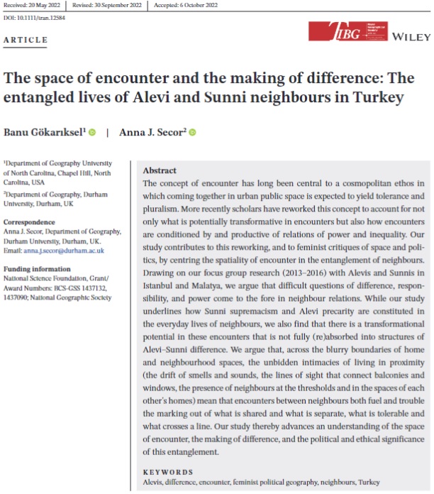 12/ 'The space of encounter and the making of difference: The entangled lives of Alevi and Sunni neighbors in Turkey' by @banugokariksel (@geographyunc) and @AJSecor (@GeogDurham) is our eleventh paper. #openaccess #TIBG doi.org/10.1111/tran.1…