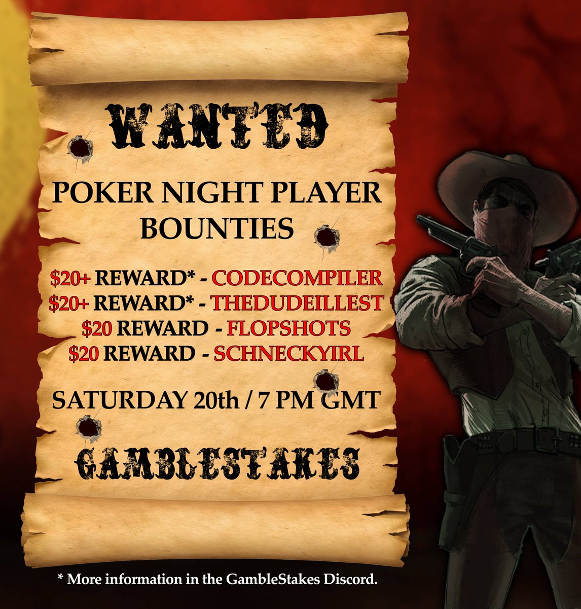 💰 Free Poker Bounties

🎯 Eliminate any of the members on the list to win a prize. @CodeCompiler @SchneckyIRL @FlopShots3 @TheDudeILLEST 

🚧 Sign up for free today: pokernow.club/mtt/gamblestak…

📰 More information available on: discord.gg/gamblestakes