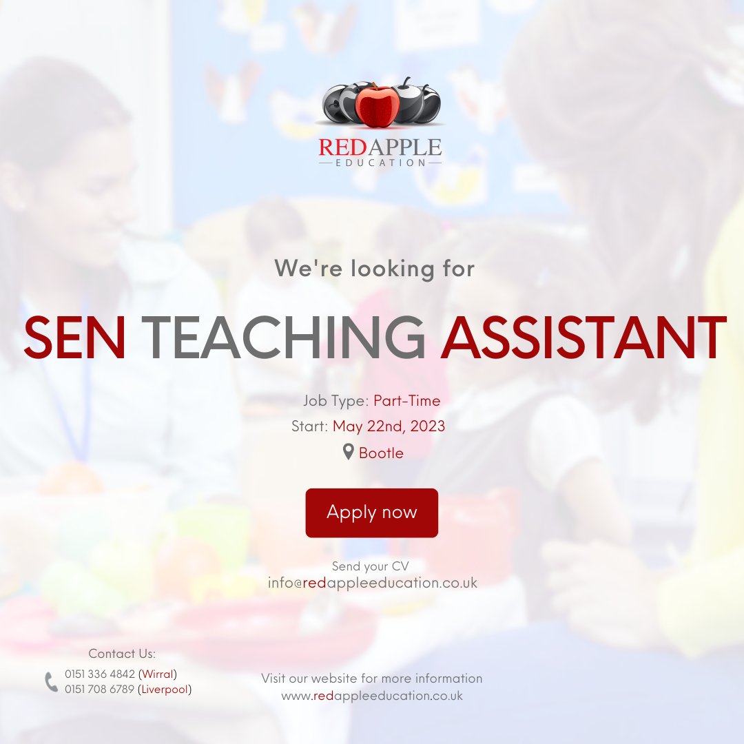 We are looking for an #SEN Teaching Assistant to work part-time in a Nursery Class.

Interested? Contact us on 0151 708 6789 or apply at bit.ly/45a3YMm

#JobOffer #SENJobs #Vacancies #Hiring #SeftonJobs #EduTwitter #TeachingAssistant
