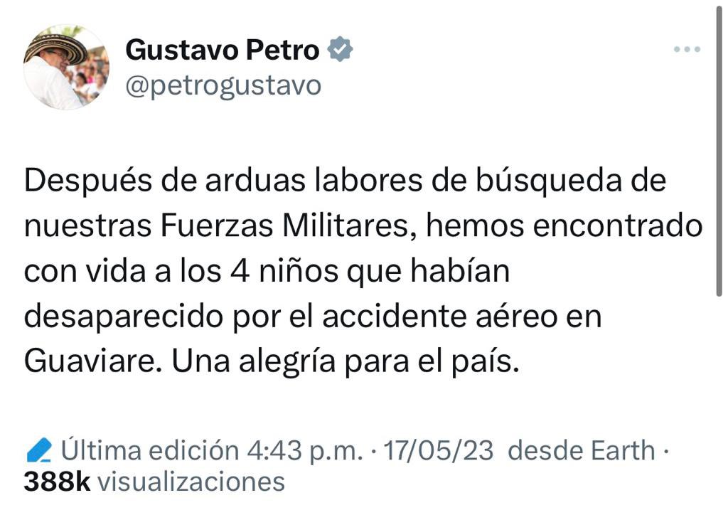 VickyDavilaH's tweet photo. El presidente Gustavo Petro borró el trino en el que anunciaba que los cuatro niños de la avioneta accidentada estaban vivos. No sabemos qué pasó. https://t.co/WybOyBFD8b
