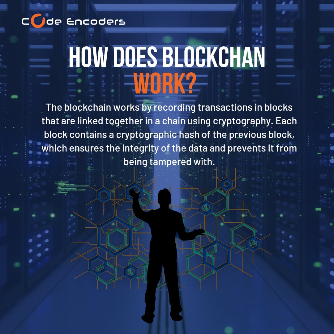 code_encoders's tweet image. The Blockchain works by recording transactions in blocks that are linked together in a chain using cryptography. Each block contains a cryptographic hash of the previous block which ensures the integrity of the data and prevents it from being tempered.#cryptocurrency #Bitcoin