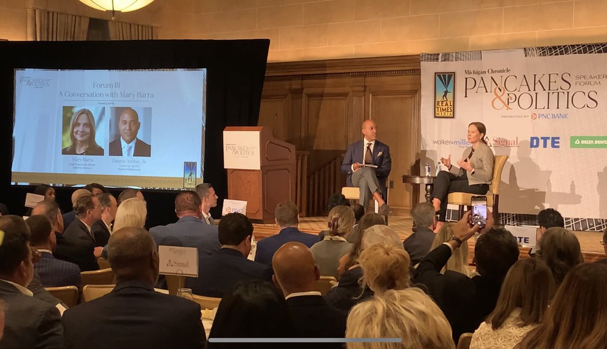 RyanHMarshall's tweet photo. Happy to get a chance to converse with General Motors (@GM) CEO Mary Barra (@mtbarra) at “Pancakes &amp; Politics” hosted by the Michigan Chronicle (@MIChronicle).

Thank you to Real Times Media CEO Hiram Jackson (@hiramjackson) &amp; Ignition Media Group CEO Dennis Archer Jr…

(1/2) https://t.co/5uiygE99M1