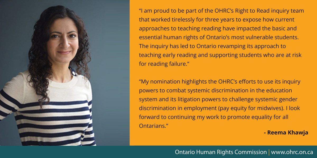 OHRC Senior Counsel Reema Khawja has been nominated for @CanLawMag Canada’s top 25 most influential lawyers award for her work on the Right to Read Inquiry and Midwives Case in the Court of Appeal.

Voting closes on May 19.