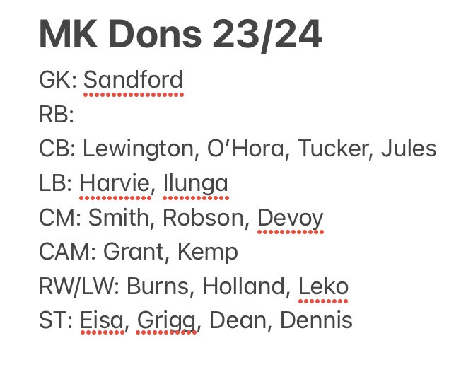 At the very least, give me:
2 x GK
2 x RB
1 x CB
1 x CM

And I think I’d be happy enough as a starting point. Obviously if we sell we need to replace too.

#MKDons