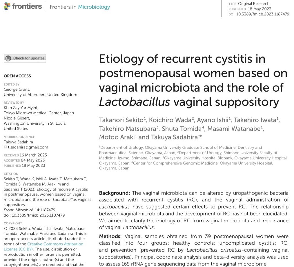 Excited to share that our article has just been published on recurrent cystitis and the role of Lactobacillus vaginal suppository from the perspective of viginal microbiota!💡

#UroSoMe #Urotwitter #medtwitter

Original articleがPublishされました🙌

frontiersin.org/articles/10.33…