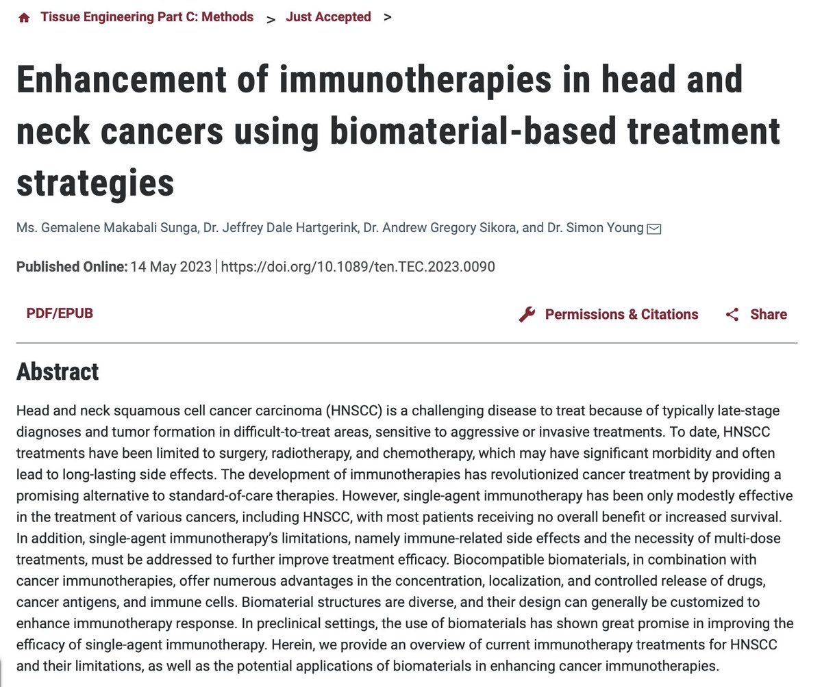 Congratulations to @MDA_UTHGrad PhD student @SungaGema for getting her first publication with the Young/Sikora labs, reviewing biomaterials-based methods to enhance immunotherapies in HNSCC! liebertpub.com/doi/abs/10.108…