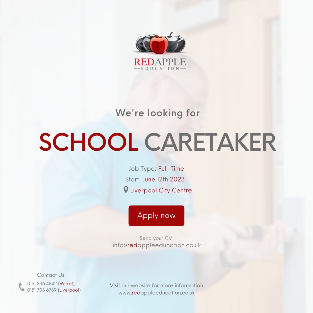 We have a vacancy for a #SchoolCaretaker available.  Closing date Friday 26th May, 2023.

If interested, call us on 0151 708 6789 or apply at bit.ly/3MCKYP9

#JobOffer #Maintenance #Caretaker #Vacancies #Hiring #LiverpoolJobs #Jobs #EduTwitter