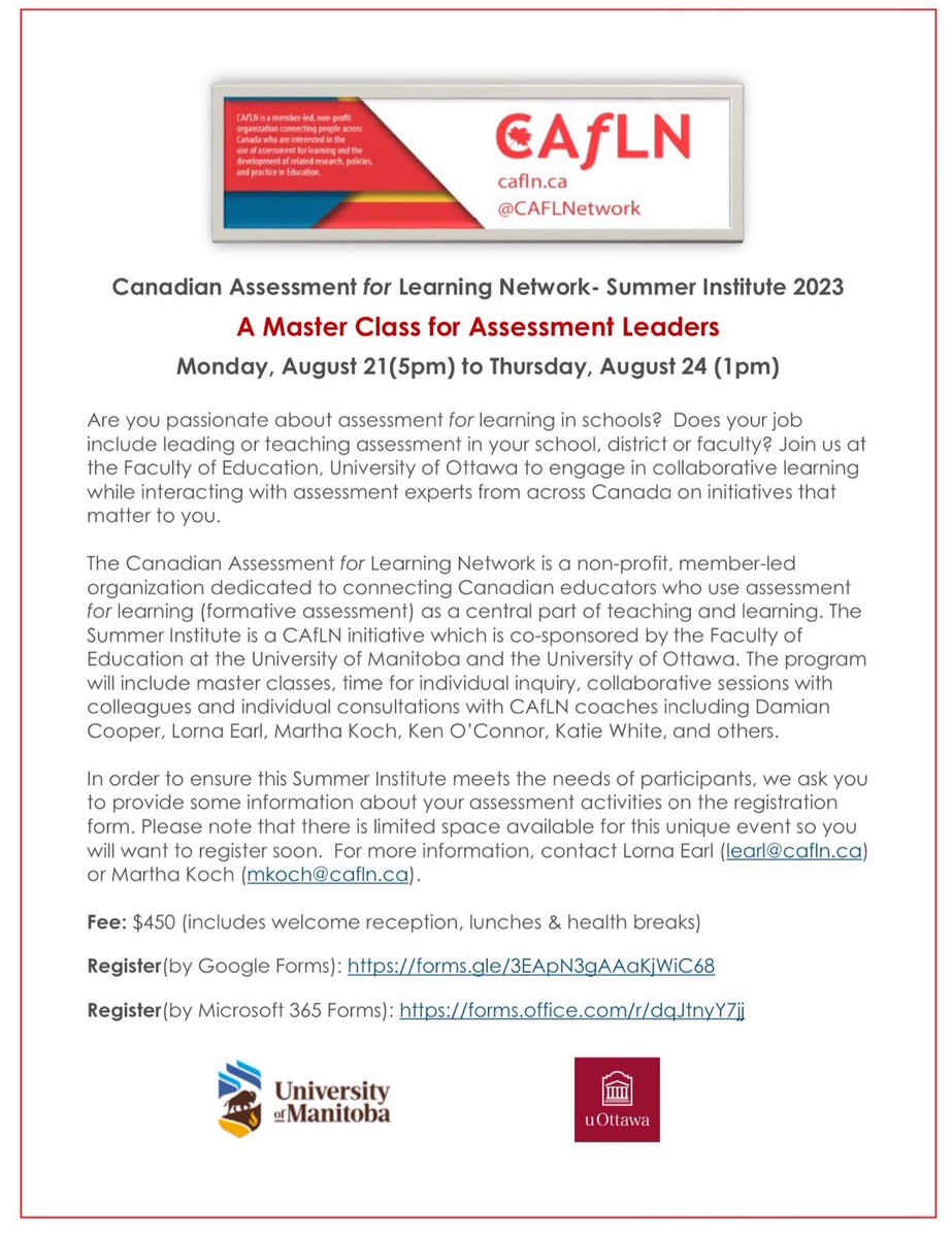 Are you an assessment leader? Join this amazing opportunity. The Canadian Assessment for Learning Network is hosting a Master Class in August in Ottawa. This is a chance to gather w/other people committed to AfL & learn in meaningful ways. Register here: cafln.ca