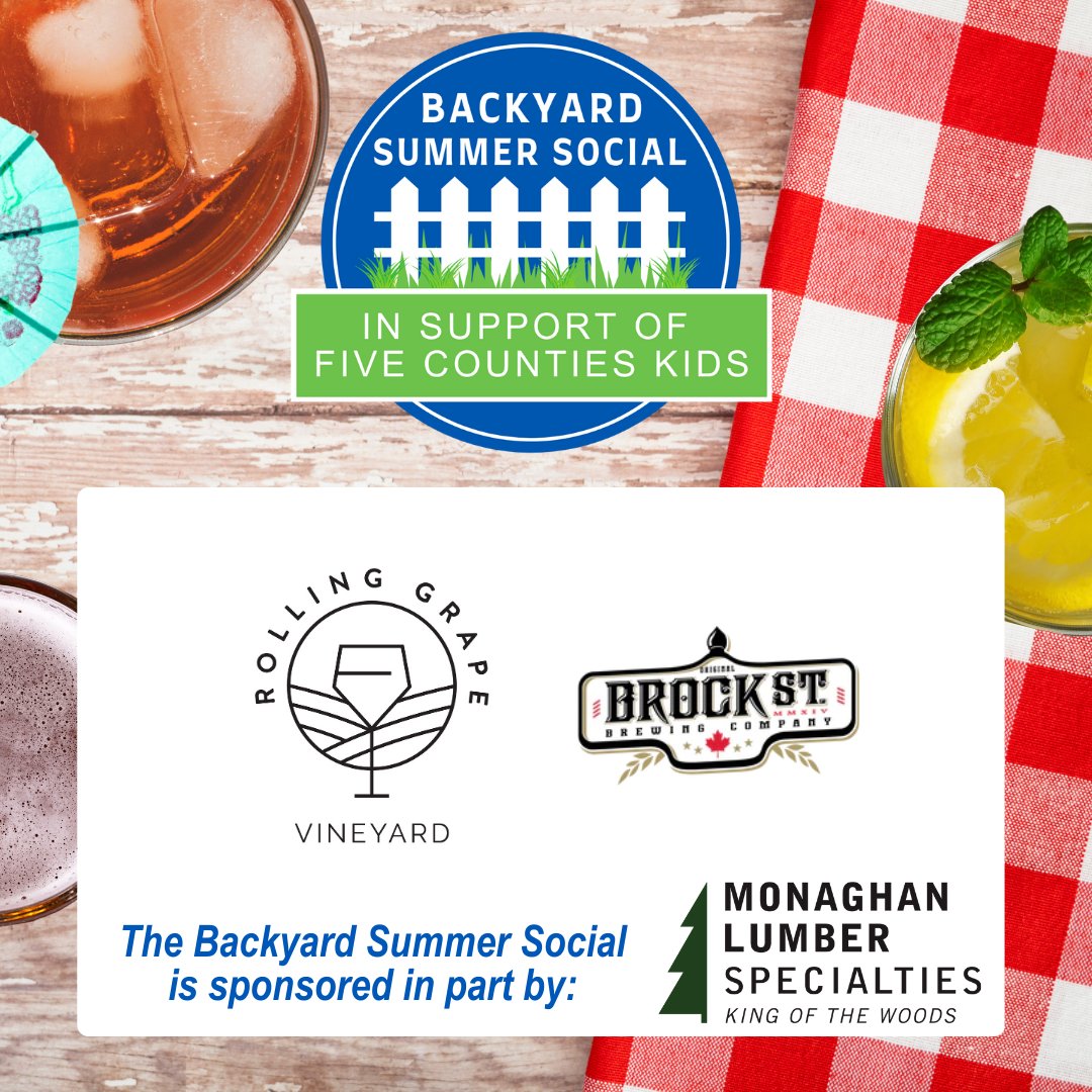 Five Counties Children's Centre (@5countieskids) on Twitter photo Still time to get your #BackyardSummerSocial tickets for June 24. Chill out with refreshments from <a href="/RollingGrape/">Rolling Grape Vineyard</a> <a href="/BrockStBrewing/">Brock Street Brewing Company</a> or specialty cocktails/mocktails! First drink on us with every ticket purchased!
▶️fivecounties.on.ca/bss
TY <a href="/monaghanlumber/">monaghanlumber</a> for sponsoring event Still time to get your #BackyardSummerSocial tickets for June 24. Chill out with refreshments from <a href="/RollingGrape/">Rolling Grape Vineyard</a> <a href="/BrockStBrewing/">Brock Street Brewing Company</a> or specialty cocktails/mocktails! First drink on us with every ticket purchased!
▶️fivecounties.on.ca/bss
TY <a href="/monaghanlumber/">monaghanlumber</a> for sponsoring event