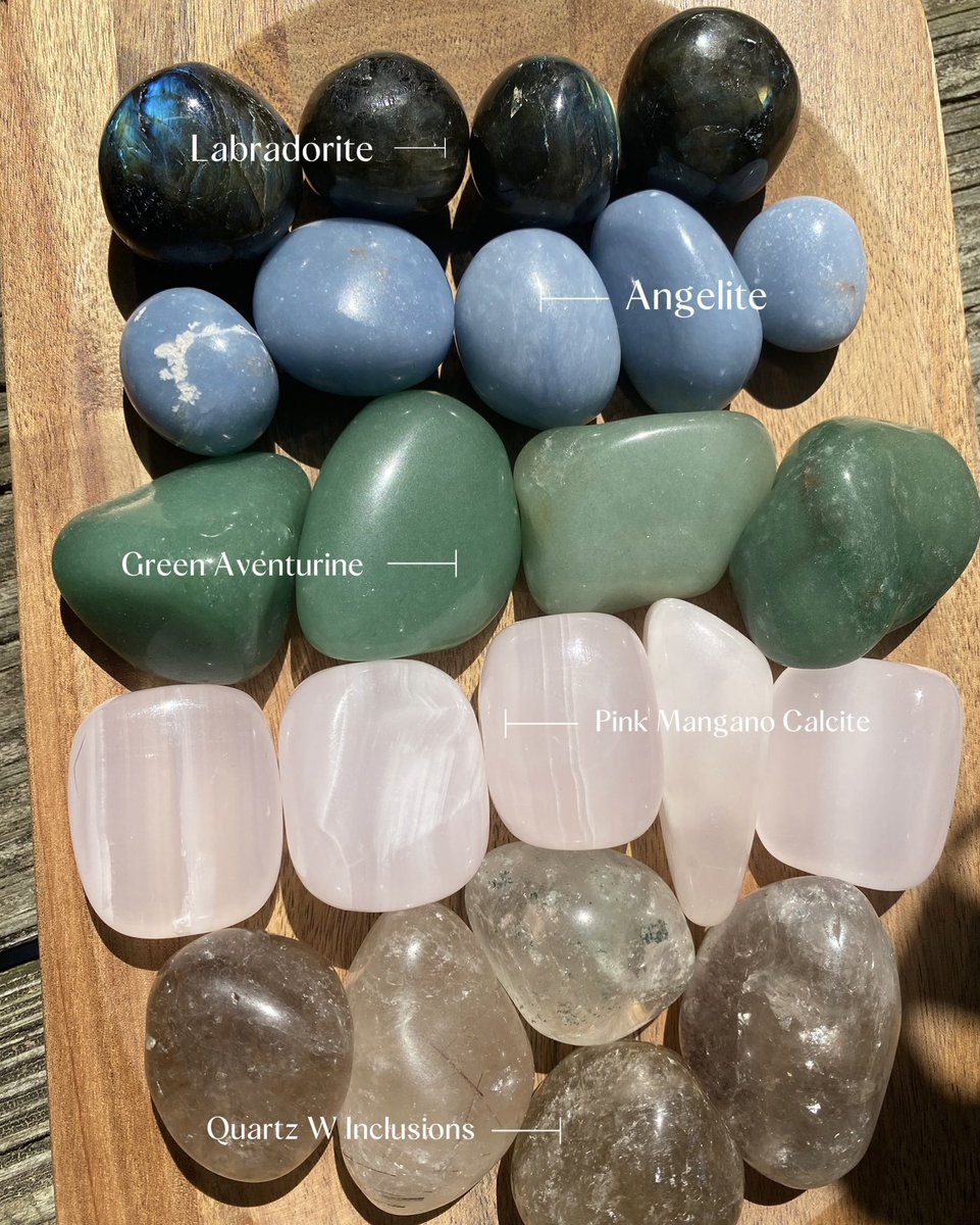 KassiesPlanting's tweet photo. Looking for some tumbles to add to your collection? Here are just a few that are available at https://t.co/cUbNgKi56M 

#labradorite #angelite #greenaventurine #quartzwithinclusions #pinkmanganocalcite #crystal✨ #crystals #crystal https://t.co/SG9u6b3YgF