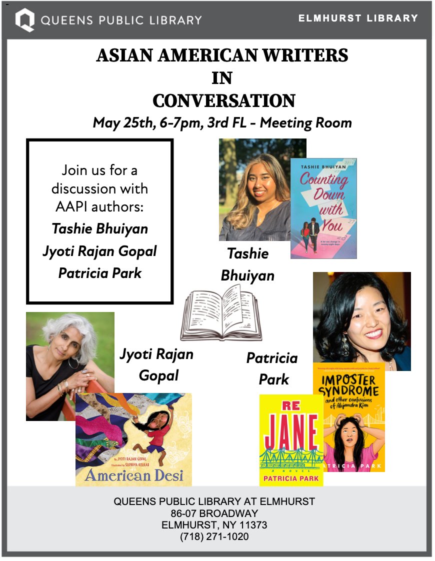 I am looking forward to this discussion! Join us if you are in the area. @QPLNYC  #AAPIMonth #publiclibraries #authorlife #representationmatters