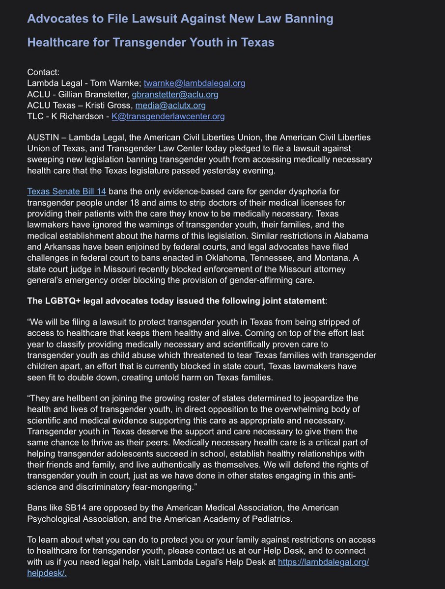 Inbox: The ACLU says it will sue to block the gender affirming care for youth ban once <a href="/GovAbbott/">Greg Abbott</a> signs it into law. 

Once it’s law, Texas will become the biggest state to outlaw these treatments for minors.

Background: 
dallasnews.com/news/public-he… #txlege #trans #transgender