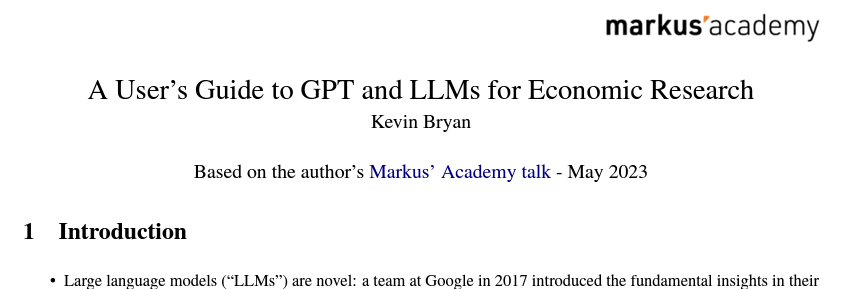 GPT User's Guide for Economists:
There has been a lot of interest in Kevin Bryan's talk on using #GPT4 and LLMs for economic research, so we compiled a User's Guide with all of his best practices and guidance. #econtwitter 
You can find it here bcf.princeton.edu/wp-content/upl…