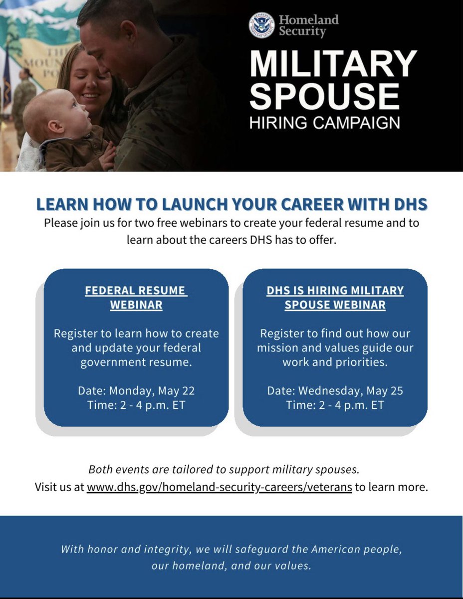 Do you know a career seeking #milspouse intersted in federal employment? Share this upcoming opportunity to help them achieve thier employment goals. 

Join DHS on May 22th for a Federal Resume Webinar and on May 25th for a Hiring Webinar. 

#hiringfair
#resumehelp
#federaljobs