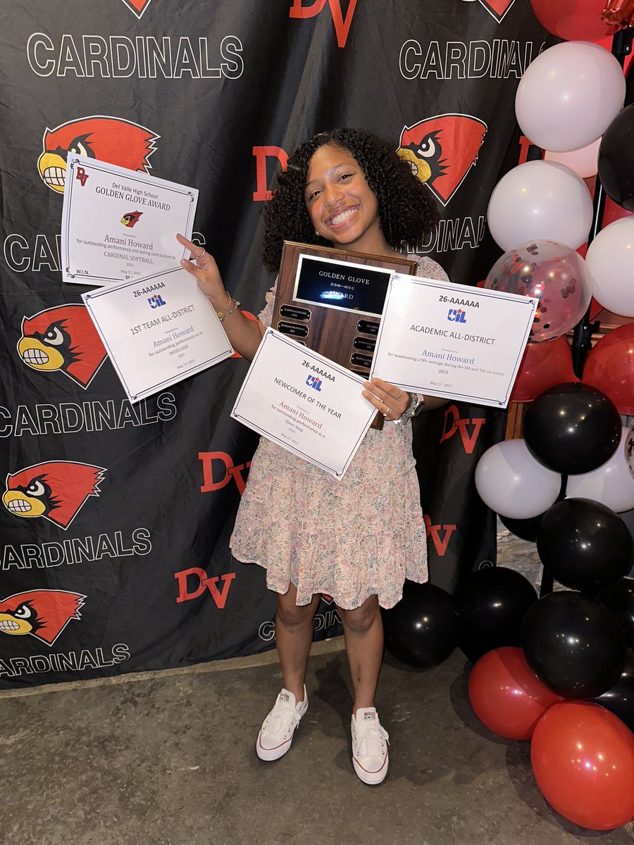 Del Valle Softball (@dv_softball) on Twitter photo Congratulations to Sophomore Amani Howard 🥎
💥26-6A Newcomer of the Year
💥26-6A First Team All-district
💥26-6A Academic All-District
💥 Cardinal Golden Glove Award
<a href="/DVISD_DVHS/">DelValleHS</a> <a href="/dvisd_athletics/">Del Valle ISD Athletics</a> #humblehustle #stayhungry #thisiswhatwedohere Congratulations to Sophomore Amani Howard 🥎
💥26-6A Newcomer of the Year
💥26-6A First Team All-district
💥26-6A Academic All-District
💥 Cardinal Golden Glove Award
<a href="/DVISD_DVHS/">DelValleHS</a> <a href="/dvisd_athletics/">Del Valle ISD Athletics</a> #humblehustle #stayhungry #thisiswhatwedohere