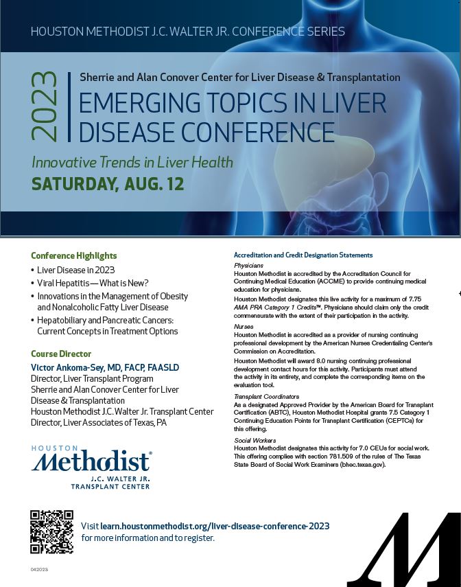 Join us for our 2023 Emerging Topics in Liver Disease Conference! Register here learn.houstonmethodist.org/emerging-topic…
#liverdisease #liverhealth #liverconference #houstonmethodist #leadingmedicine #continuingmedicaleducation