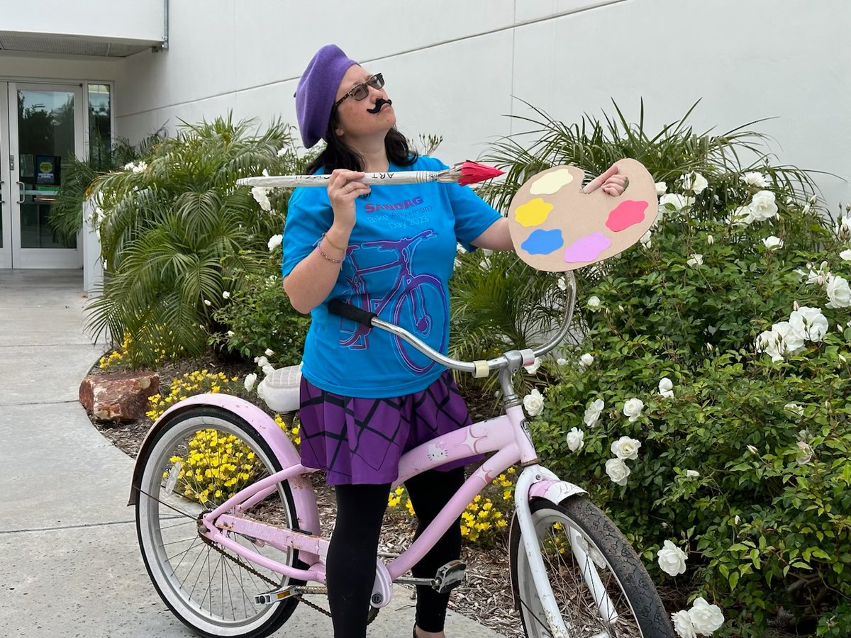 SDPublicLibrary's tweet photo. Do you believe cycling is an art? 🚴🏾 Head over to our #PacificBeachLibrary pit stop for #bikeanywheresd. Cyclists who say yes can pick up a @beautifulpb bike map to nearby public art, take a Bike Artiste photo & ride off with a moustache or beret! 😁 https://t.co/M3ufh3Tvfe https://t.co/e6S0Hnq9vZ