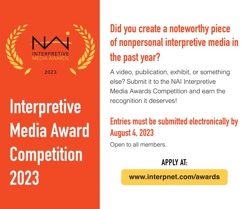 Submit your nonpersonal interpretive media project for recognition in NAI's Interpretive Media Competition!
We honor outstanding, effective, &amp; innovative work, setting the standard for future media-based interpretation. Apply at: interpnet.com/awards.